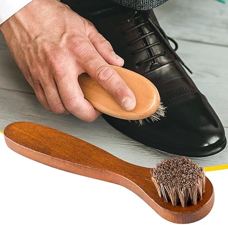 Horsehair Shine Shoes Brush Kit Polish Dauber Applicators Cleaning Leather Shoes Boots Care Brushes Suede Cleaner Coat Sofa Car Cushion Brush with Microfiber Shoe Cloth Wooden Handle, Type 2