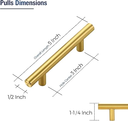 JOY DECOR 3 Pack Cabinet Handles, Gold Cabinet Pulls, 3 in Hole Center Kitchen Cabinet Handles, Stainless Steel T Bar Handles for Dresser Drawers