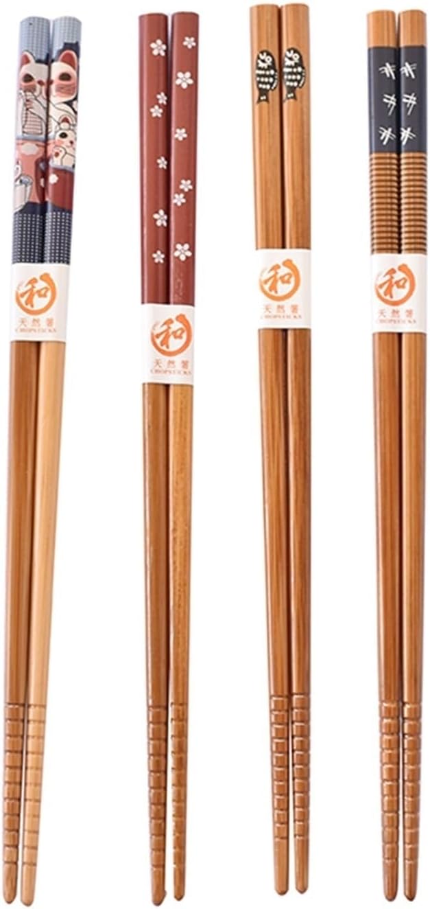 Chopsticks Reusable 5 pairs of bamboo chopsticks household long chopsticks family pointy cute personality bamboo non-slip set tableware chopsticks(Fat fish)