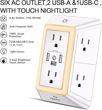 Multi Plug Outlet Surge Protector - POWRUI 6 Outlet Extender with 3 USB Ports (1 USB C) and Night Light, 3-Sided Power Strip with Adapter Spaced Outlets - White, ETL Listed