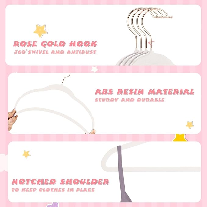 ManGotree Baby Velvet Hangers with 360° Swivel Rose Gold Hook, 11" Non-Slip Toddler Hanger, Ultra Thin Space Saving Infant Hangers for Kids Clothes, 15 Pack (White)