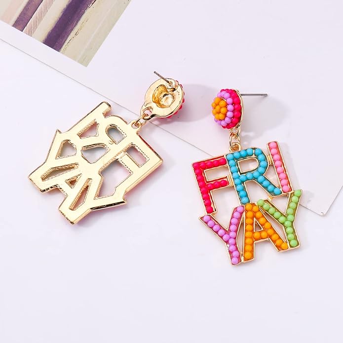 PHALIN Teacher Earrings for Women Beaded Teacher Drop Earrings Delicate Rhinestone Letter FRI-YAY Books Dangle Earrings Colorful Teacher Appreciation Gift