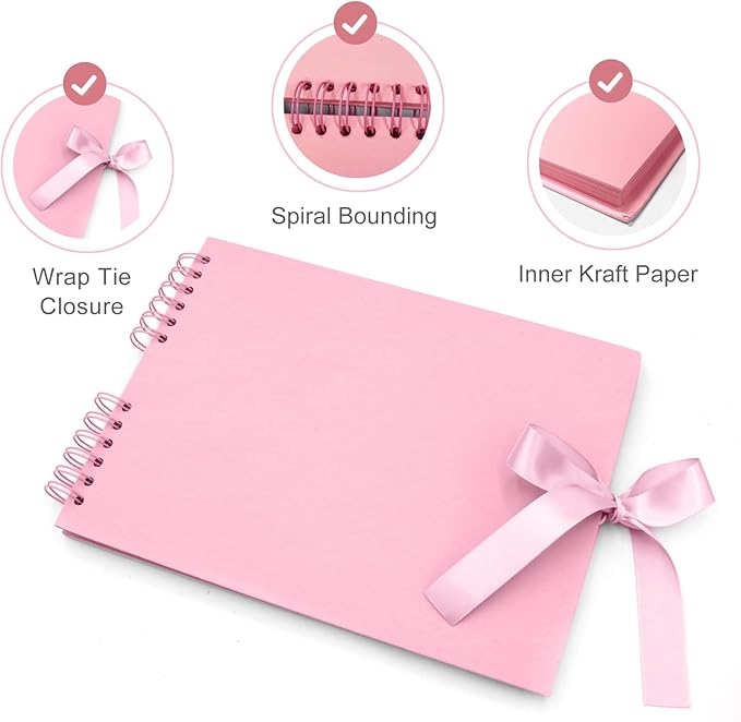 EVNEED 11.5 x 8.5 Inch Scrapbook Photo Album,Wedding Guest Book Anniversary Memory Scrapbooking,Wedding Photo Album with DIY Accessories Kit for Craft Paper DIY,Xmas Gift,80 Pages (40 Sheets),Pink