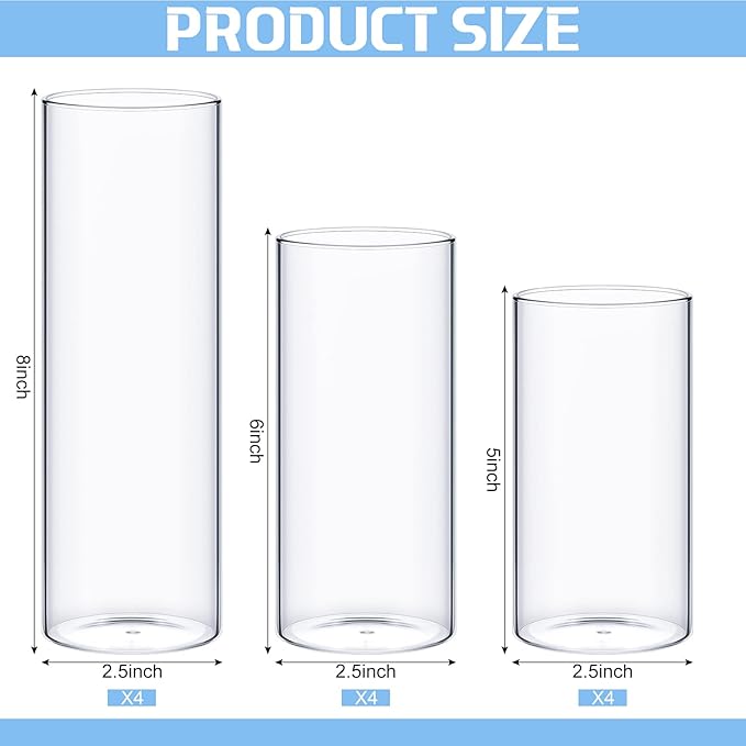 12 Pcs Glass Cylinder Vases Clear Flowers Vase Decorative 6,8,10 Inch Floating Candles Holders Table Centerpieces for Wedding Party Event Home Office Decor (2.5 x 5 in,2.5 x 6 in,2.5 x 8 in)