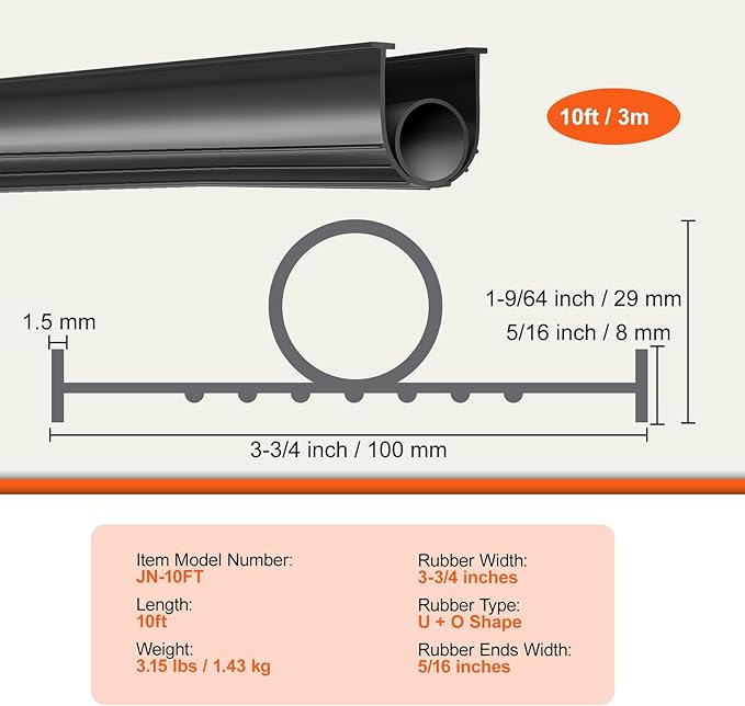 VEVOR Garage Door Seals Bottom Rubber, U Shape +O Ring Garage Door Weather Stripping, Universal Weatherproof Threshold Buffering Sealing Rubber, 5/16 inch T-Ends and 3 3/4 inch Width (10 Ft, Black)