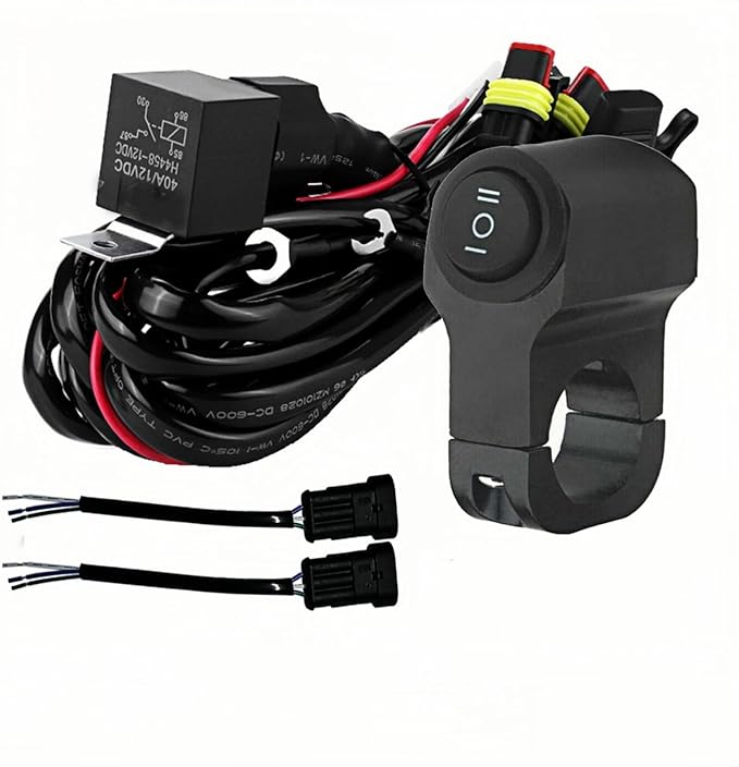 LINJIE Motorcycle Double ColorHigh Low Beam Wiring Harness Kit 12V Relay Double Color Spot Lights Wiring On Off Waterproof Switch Motorcycle High Low Beam Wiring Kit (5.75ft), Black