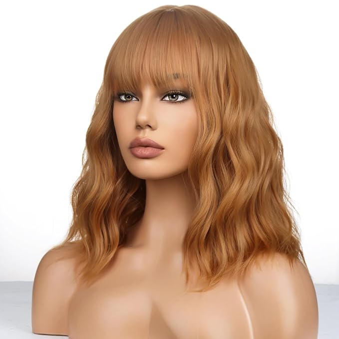 Strawberry Blonde Wig Short Bob Wig Short Curly Wavy Wig With Bangs for Women Girls Blonde Wig Heat Resistant Synthetic Hair Wigs for Daily Use Cosplay Wig With Wig Cap