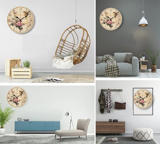12 Inch Wood Wall Clock Silent Non-Ticking Wall Clocks for Office,Bathroom,Living Room,Dining Room,Kitchen Decoration, FlowersBirds Style Round Hanging Clock