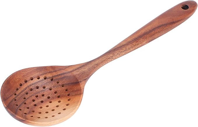 Wooden Strainer Spoon, 11 inch Teak Wooden Slotted Spoon Long Handle Colander Ladle Skimmer Scoops for Home Kitchen Cooking Tool