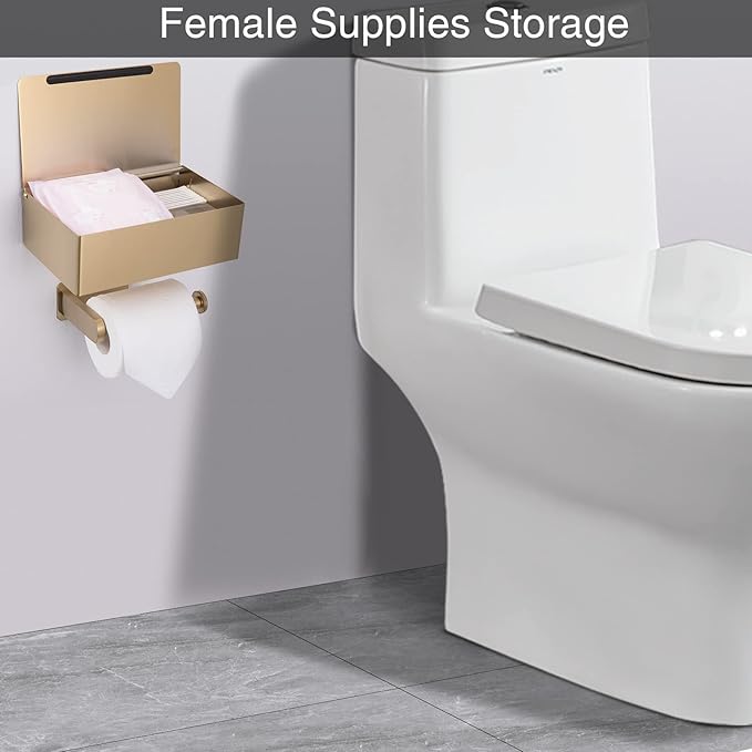 Adhesive Toilet Paper Holder with Shelf and Storage, Wall Mount Toilet Paper Roll Holder Flushable Wipes Dispenser Set Fits Any Bathroom, Stainless Steel Tissue Holder-Round, Gold