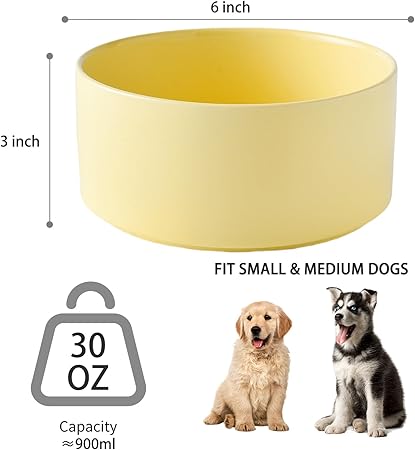 30Oz Ceramic Dog Bowl - 6'' Glossy Glaze Basic Dog Bowl, Food Water Bowls for Small and Medium Dogs, Heavy Duty Non-Slip Dog Dish, Food Grade Pet Feeder, Dishwasher Microwave Safe, Yellow