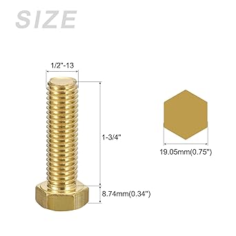 METALLIXITY Hex Head Screw Bolt (12-13x1-34") 2Pcs, Brass Fully Threaded Solid Brass Hex Bolts Machine Screws - for Machinery Repair