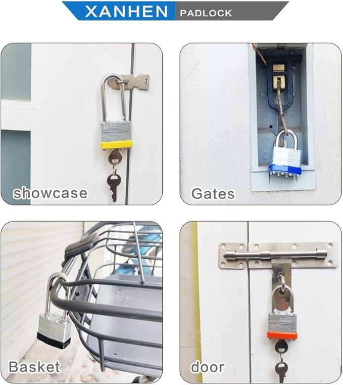 Lock Outdoor Padlocks, Key Lock, Padlocks with Same Key - Laminated Steel Keyed Padlocks with Long Shackle, 6 Pack, for Hasp Latch, Sheds, Fences, Storage Locker, School, Gym