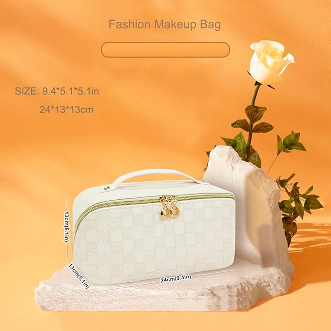 Cosmetic Bag PU leather Makeup Organizer for Women Large Capacity Water-resistant Make Up Bag With Handle and Divider Flat Lay travel cosmetic Pouch