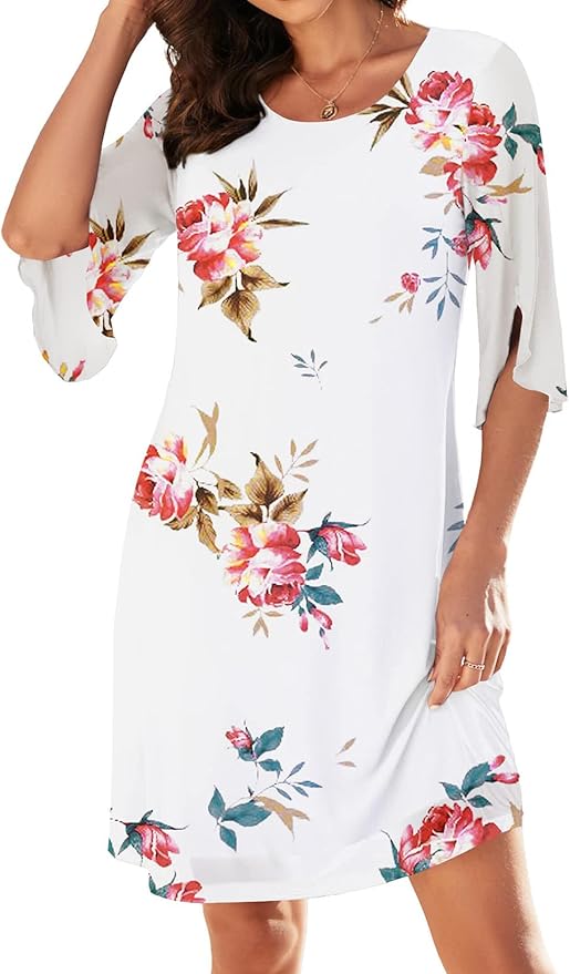 Women's Casual Loose 3/4 Sleeve Stretch Mesh Wedding Guest Dress Scoop Neck Cocktail Party Formal Dresses