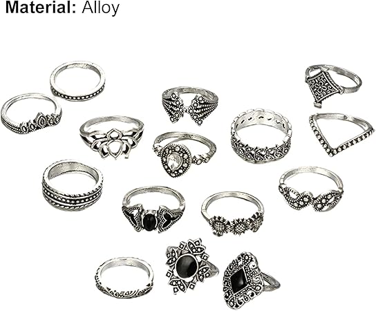 15Pcs Knuckle Rings, Bohemian Style Ladies Ring Rhinestone Inlay Non-fading Jewelry Opening Ring for Women Silver 1.7cm0.67"
