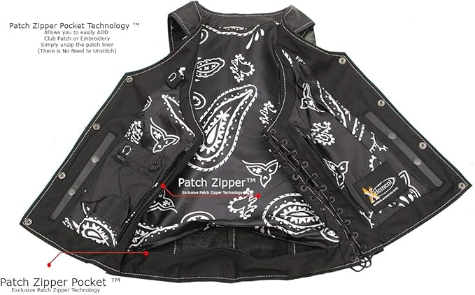 XS1029 Women's 'Paisley' Black Motorcycle Leather Vest with Side Lace Adjustment