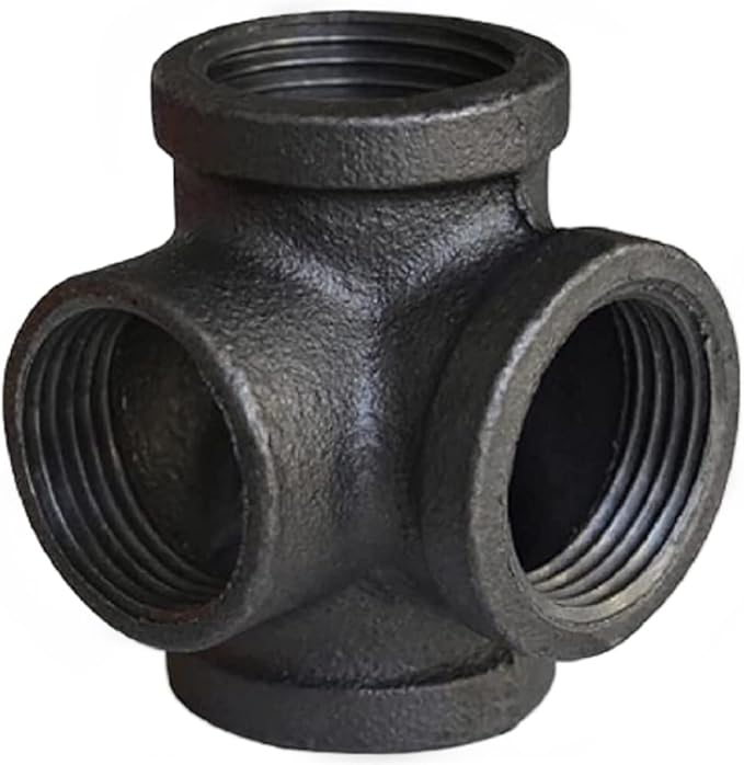 Baby Flower 4 Way Stereo Cross Malleable Iron Pipe Fitting Cast Iron Connector Threaded Pipe Retro Style DIY Table, Chair, Shelf Casting Galvanized Black Trim (1 in)