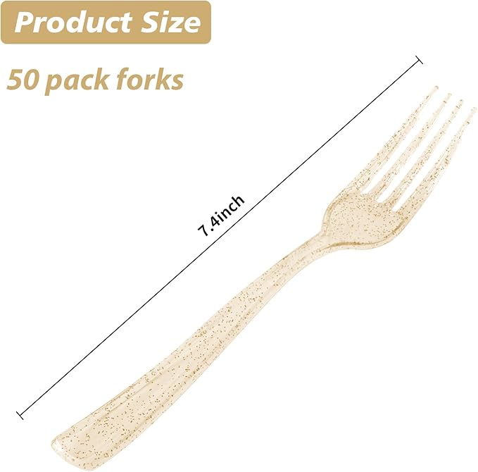 Goodluck 50 Pack Gold Glitter Plastic Forks, Heavy Duty Gold Glitter Forks Disposable, Gold Glitter Plastic Cutlery Perfect for Weddings, Parties, Dinners and Christmas