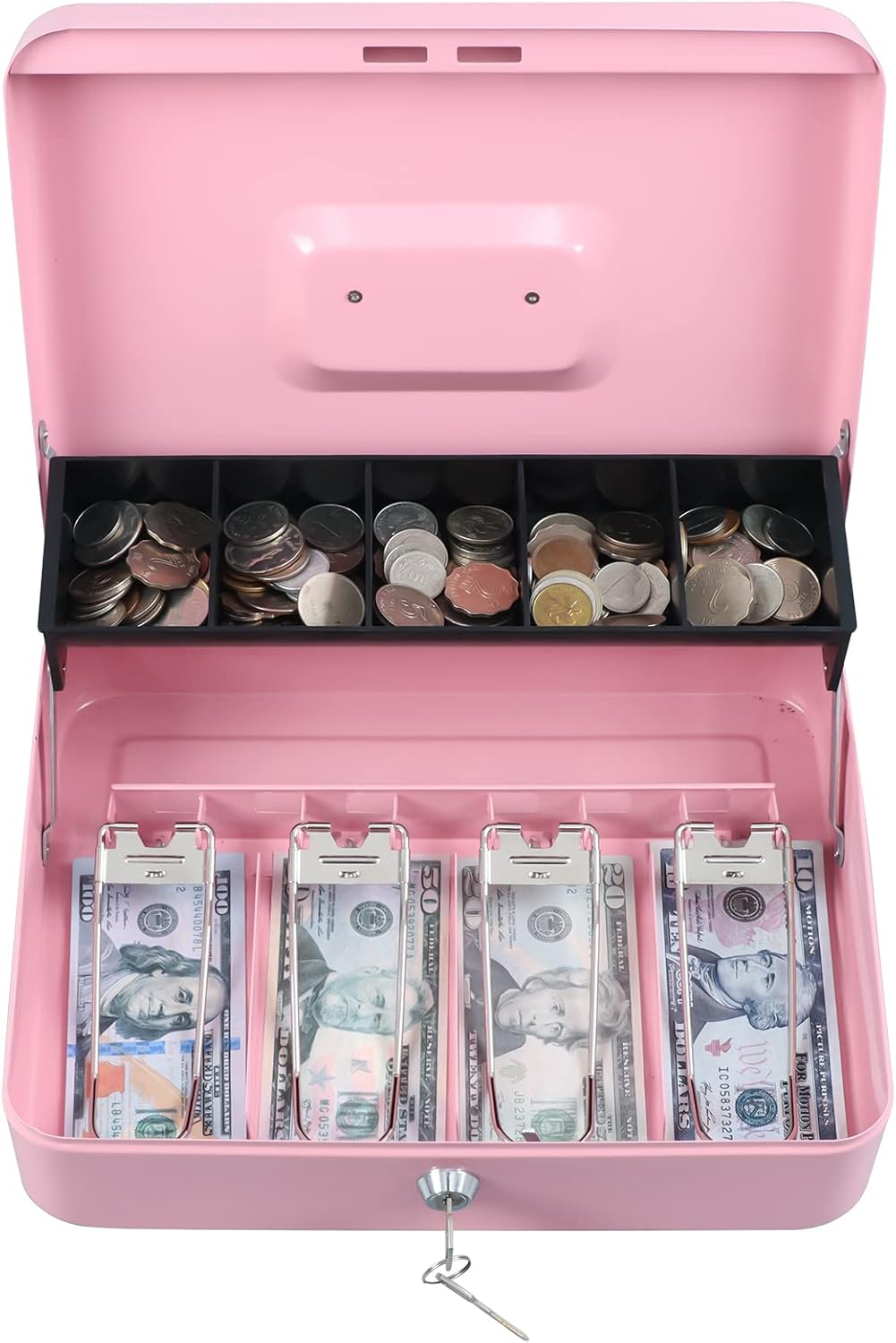 Cash Box with Money Tray and Key Lock,Tiered, Cantilever Design,4 Bill / 5 Coin Slots,11.8" x 9.5" x 3.5",Pink