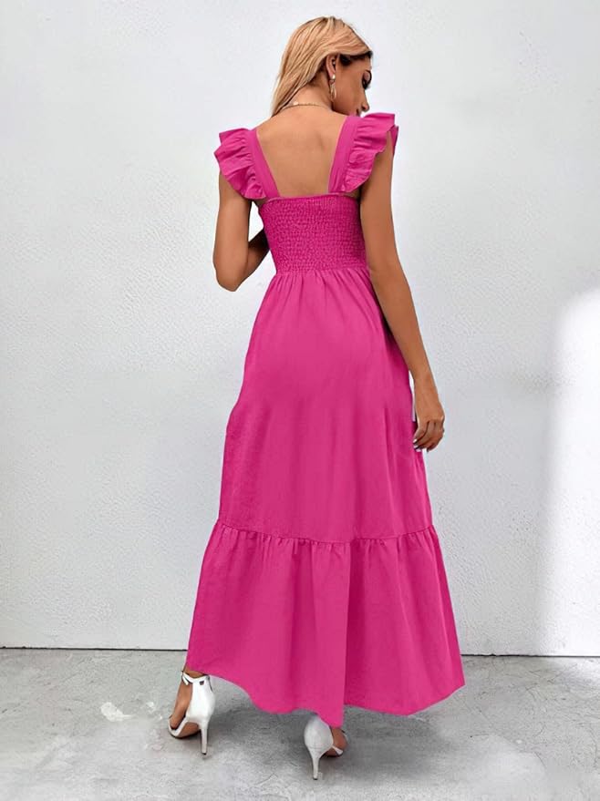 chouyatou Women's Summer Boho Flutter Sleeve Smocked Tiered Dress Flare Beach Maxi Long Ruffle Dress