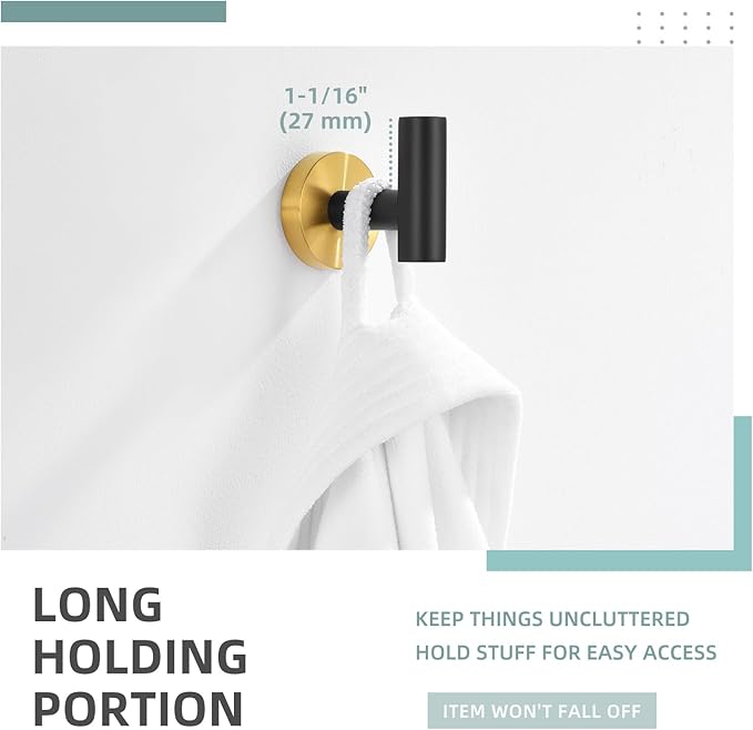 Angle Simple Towel Hook Black Gold, Stainless Steel Bathroom Towel Holder, Round Clothing Robe Hook Wall Mount