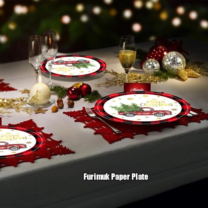 Furimuk Christmas Paper Plates Rustic Truck Red Black Plaid Border Printed Round Disposable Plates Dinnerware for Christmas Holiday Dinner Birthday Party Supplies (24 Pcs)