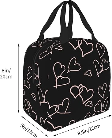 Cute Lunch Bags for Women Lunch Bag for Women,Reusable Insulated Lunch Box Thickening Insulated Cooler Bags for Work Picnic or Travel-Black Love Heart