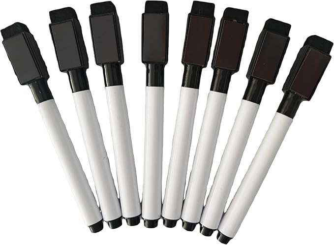 Fine tip Dry Erase Black Markers with Magnetic Cap and Eraser, Perfect for Dry Erase Boards and Whiteboards Pack of 8