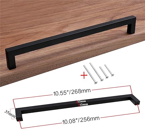 Modern Square Cabinet Handles, 10.5" Matte Black Cabinet Pulls Drawer Pulls Furniture Hardware for Kitchen Cabinets Cupboard Drawer Handles