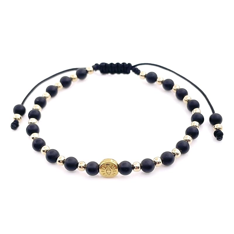 Lucky Evil Eye Natural Stone Beaded Adjustable Bracelet for Women (Black Onix)