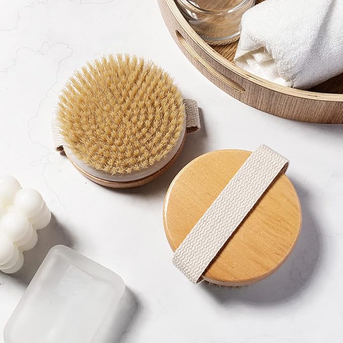 Round Wooden Natural Bristles Dry Bath Body Brush, Dia4.3Au Handheld Shower Brush Back Scrubber for Exfoliating, Cellulite and Detox, etc.