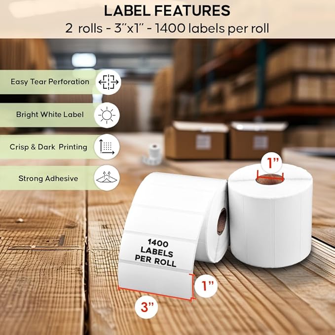 2 Rolls of 3 x 1 Direct Thermal Label, 1400 Labels per Roll - for Zebra Arkscan Printers