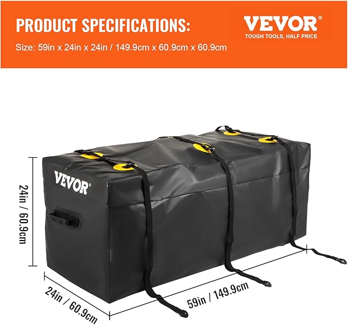 VEVOR Hitch Cargo Carrier Bag, Waterproof 840D PVC, 59"x24"x24" (20 Cubic Feet), Heavy Duty Cargo Bag for Hitch Carrier with Reinforced Straps, Fits Car Truck SUV Vans Hitch Basket