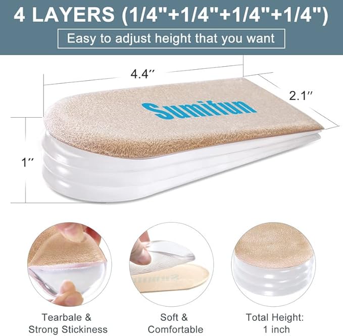 Sumifun Heel Lift, 3-Layer Gel Shoe Lifts for Women Uneven Legs, Adjustable Orthopedic Heel Lifts for Heel Pain and Leg Length Discrepancy, Heel Wedge Inserts 18" 28" 38" (Size S, 1 Pair)