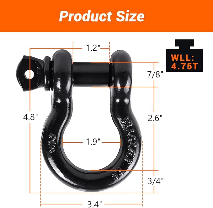 Ohuhu D Ring Shackles 3/4" 2 Pack, D Shackle Rugged 20 Ton (44,000 lbs) Maximum Break Strength, 4.75 Ton (9,500 Lbs) Capacity