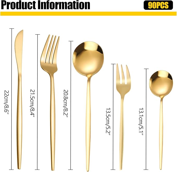 Gold Silverware Set, 90 Piece Golden Cutlery Set Service for 18, Stainless Steel Flatware Set Include Spoons Forks Knives Tableware Utensil Set, Mirror Polished, Dishwasher Safe