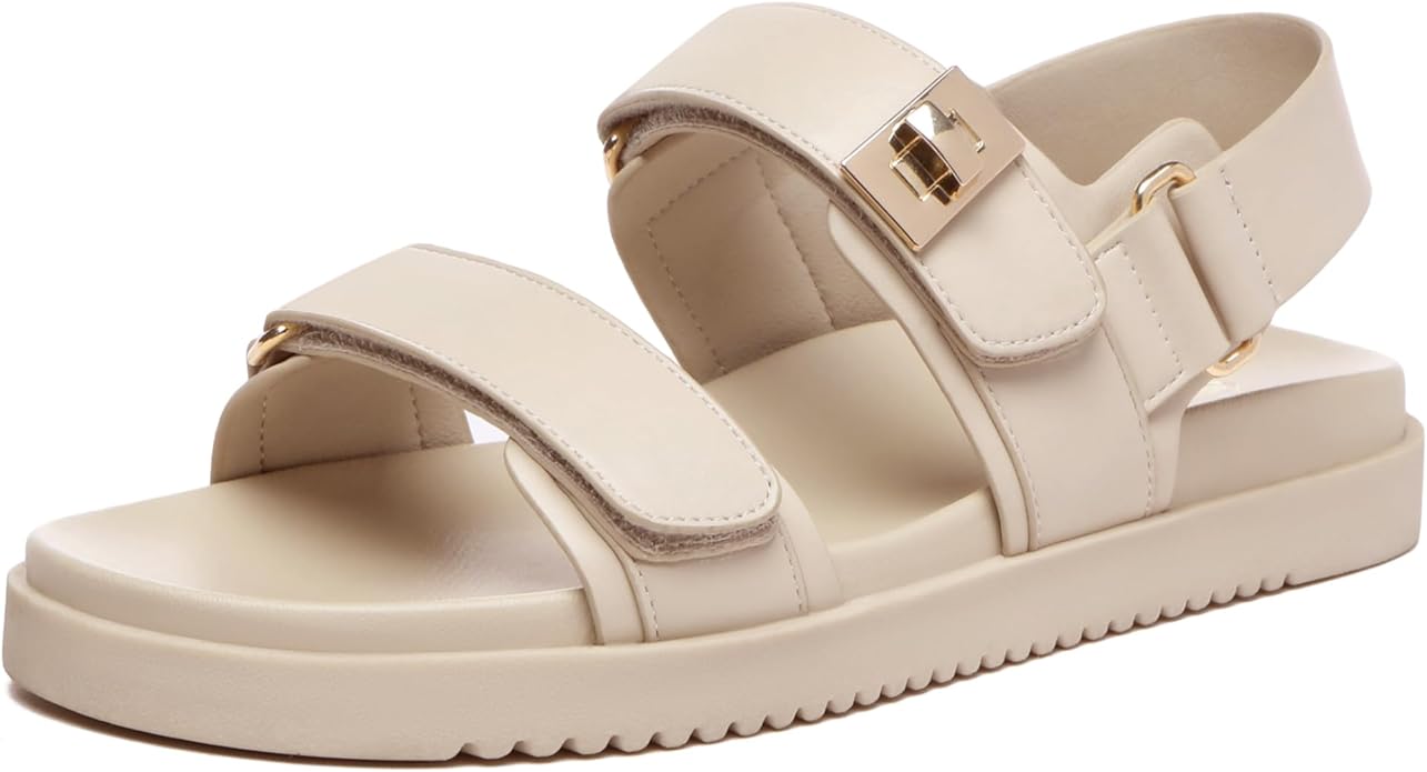 Rihero Women's Flat Sandals Comfort Adjustable Double Strap Slip on Leather Footbed Sandals