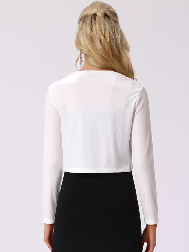 Allegra K Women's Cocktail Party Open Front Cardigan Long Sleeve Cropped Velvet Shrug Top