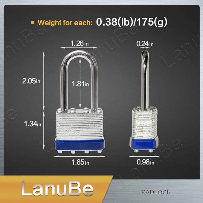 Lock Laminated keyed Padlock (1-9/16", 40mm), keyed Alike Locks, Long Shackle,Marked Blue Plastic Hoop, Pack of 2