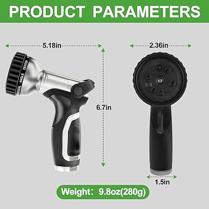 Garden Hose Nozzle with 9 Spray Patterns, Heavy Duty Aluminum Water Pipe Sprayer with Thumb Control On Off Valve for Easy Streams Control, Use for Outdoor