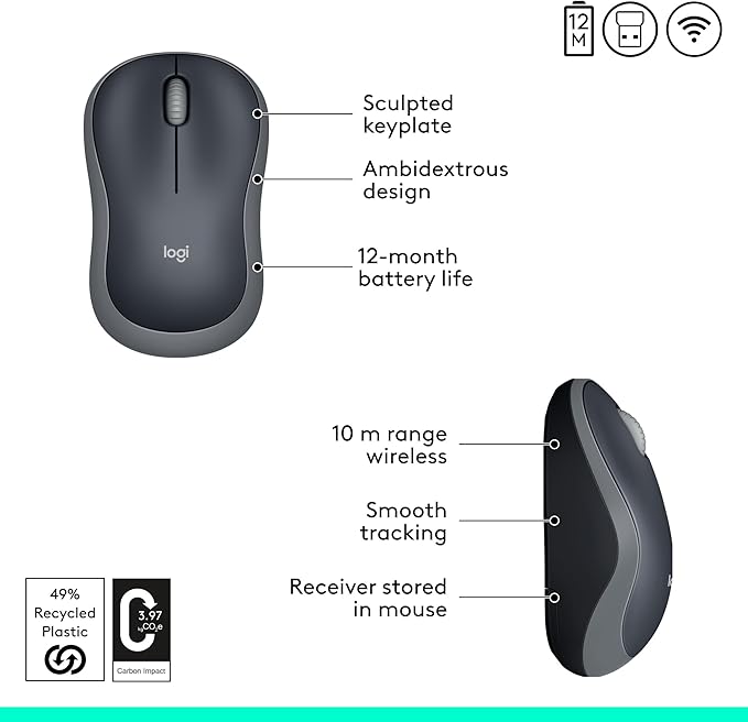 Logitech M185 Wireless Mouse, 2.4GHz with USB Mini Receiver, 12-Month Battery Life, 1000 DPI Optical Tracking, Ambidextrous PCMacLaptop - Swift Grey
