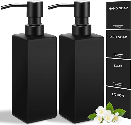 GMISUN Black Soap Dispenser, Hand Soap Dispenser Bathroom, 12oz Glass Soap Dispenser with Stainless Steel Pump, Liquid Dish Soap Dispenser for Kitchen, Modern BathroomKitchen Soap Dispenser Set