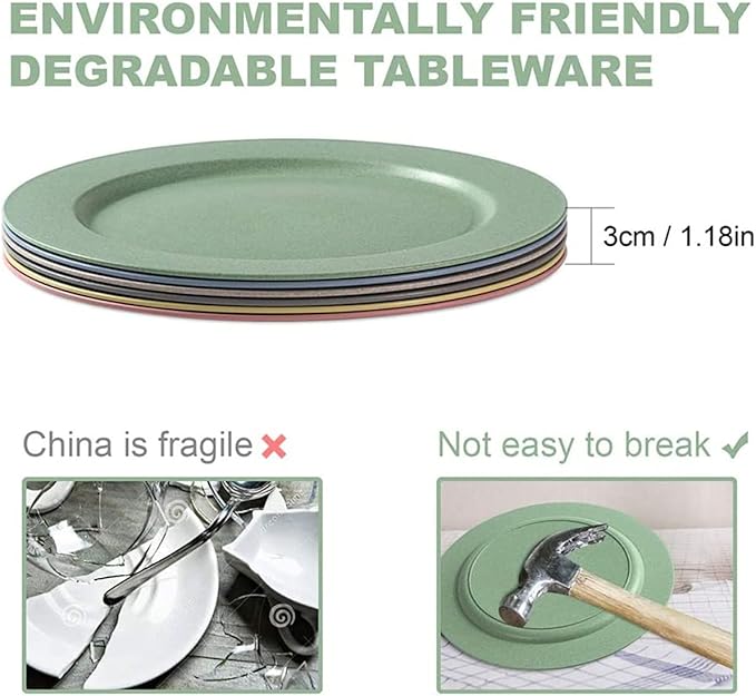 10 Inch6pcs Dishwasher Microwave Safe Wheat Straw Plates - Unbreakable Lightweight, Reusable, Eco-Friendly and Healthy - Assorted Colors