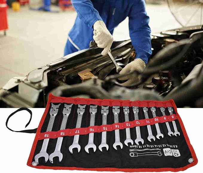 12Pcs Ratcheting Wrench Set, 8?19mm Ratchet Combination Wrenches Set,Metric Combination Chrome Steel 8?19mm with Storage Bag (movable head)