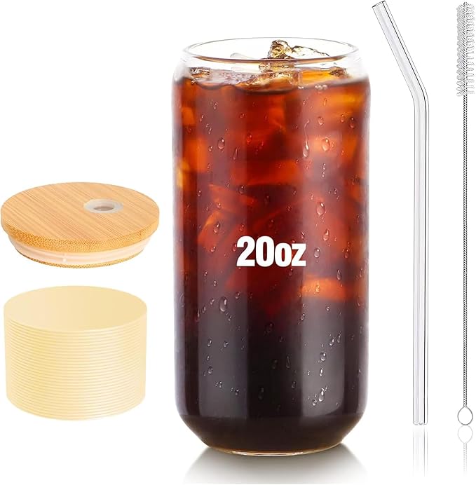 Glass Tumbler with Straw and Lid 20 Oz,Glass Coffee Cups Tall Water Bottle Straw Bamboo Lid Silicone Protective Sleeve Brush- BPA Free -Dishwasher Safety-Pale Yellow