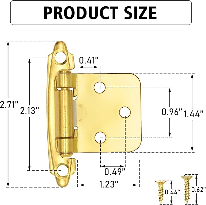 12" Overlay Kitchen Cabinet Door Hinges, 6 Pack (3 Pairs) Brass Gold Self Closing Cabinet Hinge Hardware for Kitchen Cabinet Doors