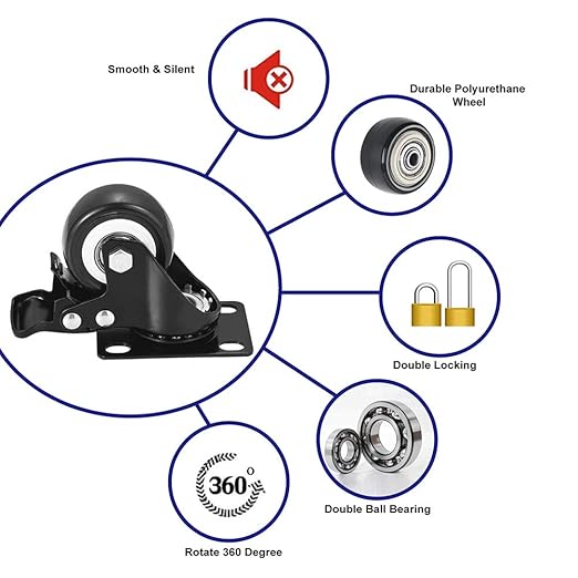 2" Caster Wheels, Heavy Duty Casters with Brake Set of 4, Locking Casters with 360 Degree No Noise Polyurethane (PU) Wheels, Swivel Plate Castors Pack of 4