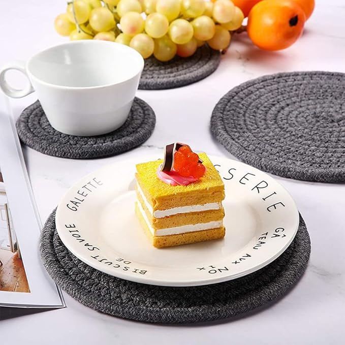 Round Trivet Weave Pad for Kitchen Thread Pot Holders for Hot Dishes/Pot/Bowl/Teapot/Hot Pot Set of 1 Cotton Braided 7 Inches Dining Table Trivet Dark Grey