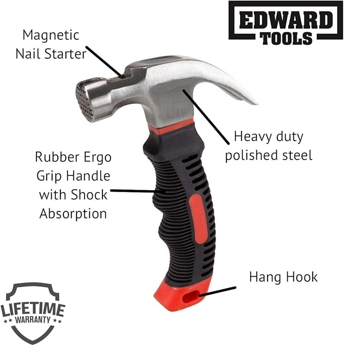 Edward Tools Small Claw Hammer 8 oz. with Magnetic Nail Starter - Polished Heavy Duty Steel Head - Ergo Rubber Grip Handle - Mini Hammer for Home, DIY, Camping, Kids, Tent Stakes